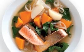 Seared Salmon with Winter Vegetables and Kombu Broth