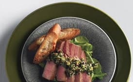 Seared Tuna with Olive-Tapenade Vinaigrette and Arugula