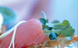 Sesame Wonton Triangles with Smoked Salmon and Wasabi