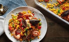 Sheet-Pan Paella with Chorizo, Mussels, and Shrimp