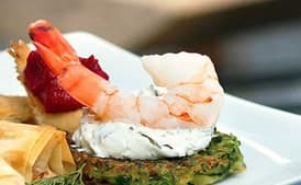 Shrimp with Zucchini Fritters and Grape-Leaf Spread