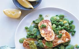Sizzling Halloumi Cheese with Fava Beans and Mint