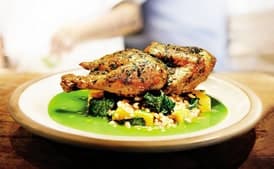 Skillet-Roasted Chicken with Farro and Herb Pistou