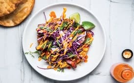 Skirt Steak Tostadas With Cashew Salsa and Red Cabbage Slaw