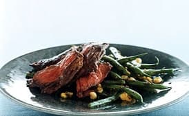 Skirt Steak with Haricots Verts, Corn, and Pesto
