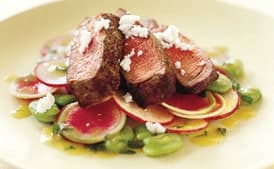Sliced Filet Mignon with Fava Beans, Radishes, and Mustard Dressing