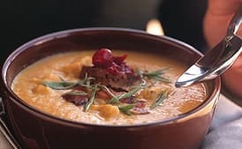 Smoked Turkey and Bacon Chowder with Pumpernickel and Cranberry Croutons
