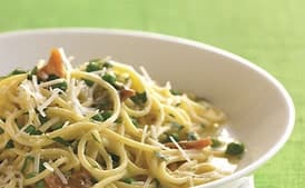 Spaghetti Carbonara with Pork Belly and Fresh Peas