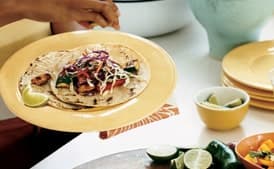 Spice-Rubbed Chicken and Vegetable Tacos with Cilantro Slaw and Chipotle Cream