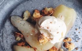 Spiced Poached Pears with Crème Fraîche and Amaretto Cookies