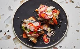 Spicy Marinated Vegetables and Sardines on Toast