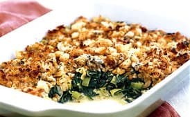 Spinach and Leek Gratin with Roquefort Crumb Topping