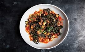 Squid Ink Pasta with Shrimp, Nduja, and Tomato