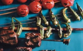 Steak, Tomato, and Okra Kebabs
