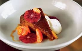 Sticky Toffee Pudding with Blood Orange, Tangerine, and Whipped Crème Fraîche