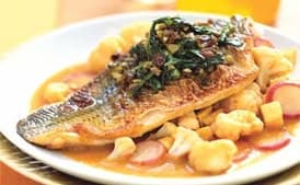 Striped Bass with Saffron Vegetables and Spiced Broccoli Rabe