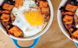 Sweet Potato and Caramelized Onion Hash with Baked Eggs