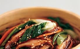 Sweet Potato Noodle Stir-Fry with Choy Sum and Shiitake Mushrooms