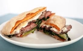 Sweet Potato Tempura and Steak Sandwich with Bok Choy and Miso Mayo