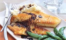 Tilapia with Balsamic Butter Sauce, Thyme Mashed Potatoes, and Sugar Snap Peas