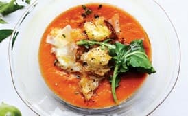Tomato Soup with Arugula, Croutons, and Pecorino
