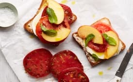 Tomato Toast with Peaches, Mozzarella, and Mint