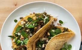 Tripe Tacos in Herbal Tomatillo Sauce with Toasted Seeds and Nuts
