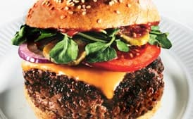 Triple-Beef Cheeseburgers with Spiced Ketchup and Red Vinegar Pickles