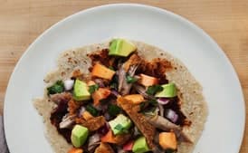 Turkey Leg Confit Taco with Pasilla Purée and Pickled Peach Salsa