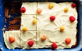 Vanilla-Buttermilk Sheet Cake with Raspberries and Orange Cream-Cheese Frosting