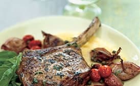 Veal Chops with Roasted Shallots, Arugula, and Soft Polenta