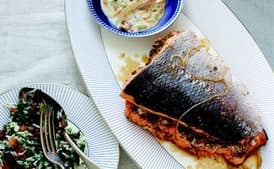 Walnut and Herb-Stuffed Salmon with Spicy Tahini Sauce