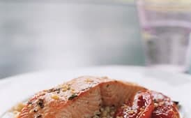 Wild Salmon with Pearl Couscous, Slow-Roasted Tomatoes, and Lemon Oregano Oil