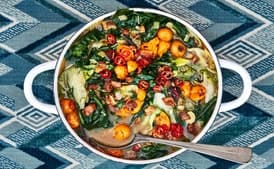 Wilted Greens in Tomato-Bacon Broth